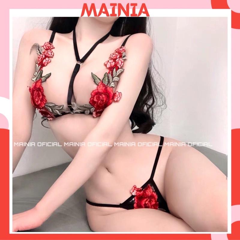 Set Bộ Đồ Lót Ren Hoa Hồng Sexy Lọt Khe Hở Đáy Quyến Rũ Xuyên Thấu Mainia Shop