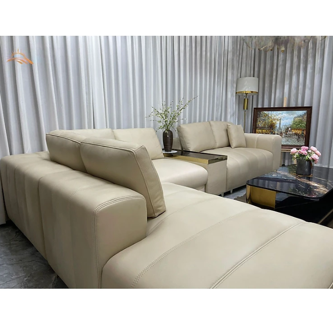 Sofa góc L 100% da bò Italy Tundo màu kem – SFLCT26 3m5 x 2m4 hàng cao cấp chuẩn da bò nhập khẩu Ý