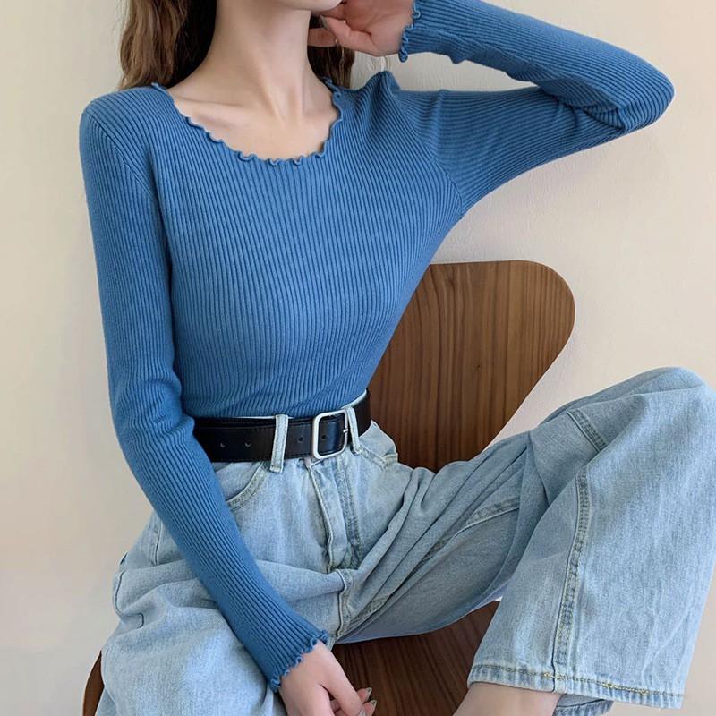 Áo Sweater Dệt Kim Tay Dài Cổ Tròn Phong Cách Hàn Quốc