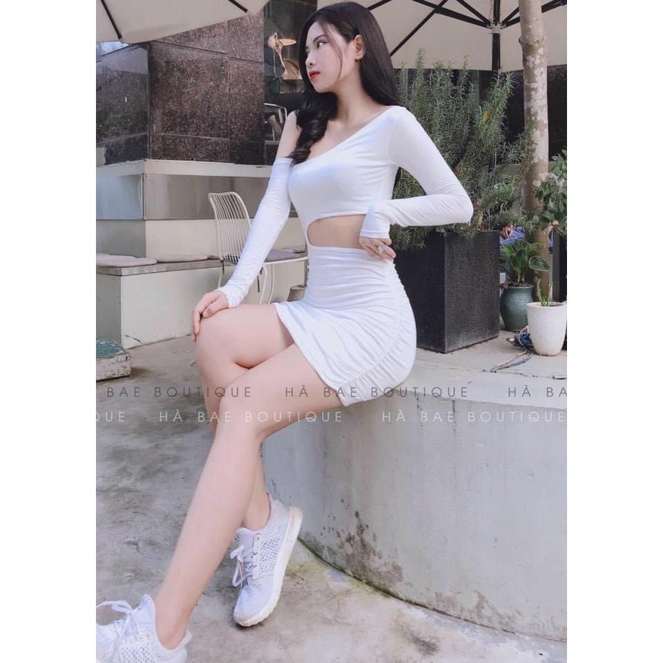 Váy đầm nữ body tay dài lệch vai khoét eo HT01 AM