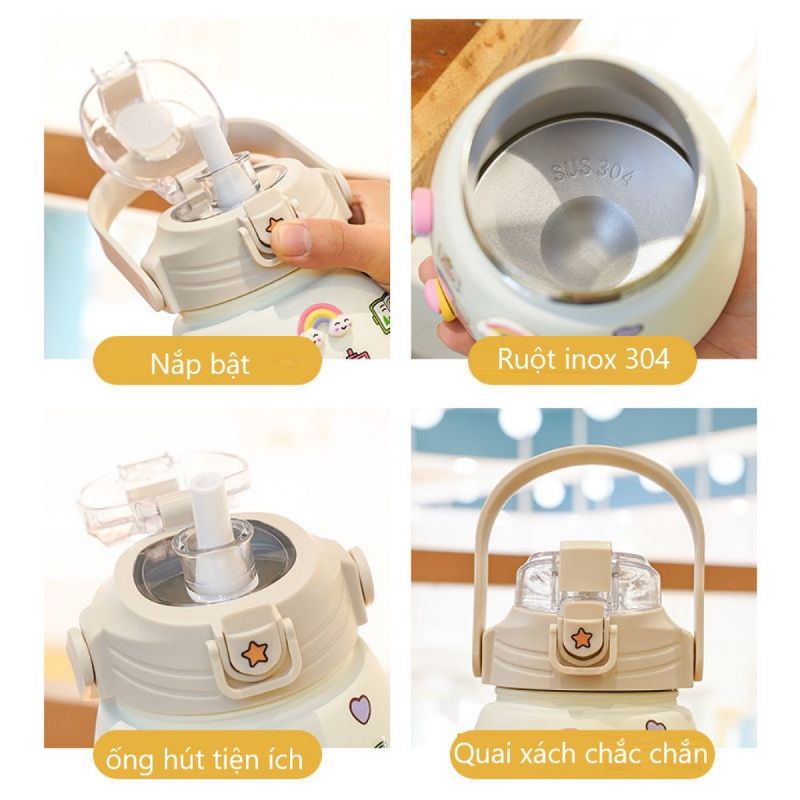 Bình Nước Giữ Nhiệt Cute 800ml Chất Liệu Inox 304 Giữ Nhiệt Không Gỉ Nóng Lạnh 24 Giờ Kèm Ống Hút Và Sticker - Hàng Loại 1 - Chính Hãng MINIIN