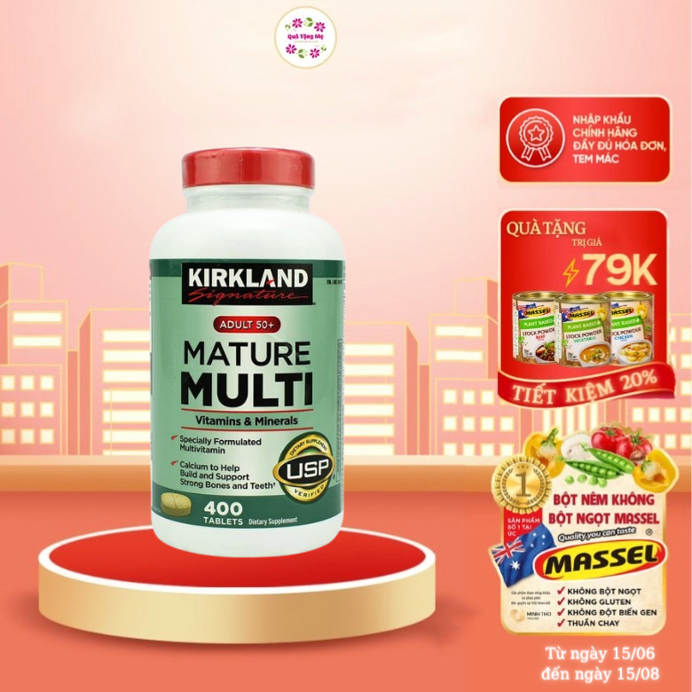 Vitamin tổng hợp Kirkland Mature Multi Adult 50+ Hộp 400 viên của Mỹ - dành cho nam, nữ trên 50 tuổi, Tăng cường miễn dịch, phòng bệnh tật, đặc biệt là các bệnh lây nhiễm, bệnh do virus, vi khuẩn - QuaTangMe Extaste