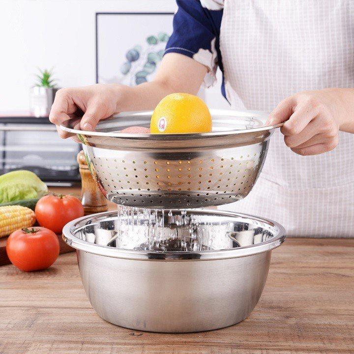Bộ Thau, Rổ, Nạo Bào Cắt Rau Củ 3 Món Inox Tiện Lợi