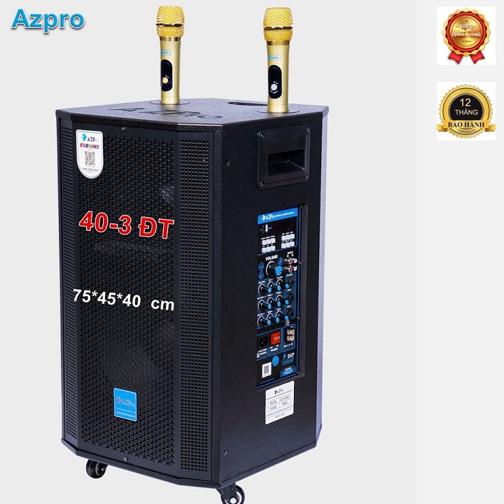 Loa kéo Bluetooth di động,AZ-1508-A-Bass 40-3 đường tiếng,Mạch 10 núm chỉnh có Revert,Thùng gỗ cao cấp,Tặng 2 mic không dây vỏ kim loại,Hàng chính hãng AZPRO