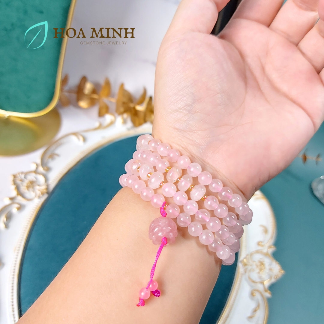 Vòng tay chuỗi 108 hạt Thạch Anh Hồng size 6 li phối hạt bánh xe, charm hoa sen đá thạch anh hồng cho phong thủy mệnh Hỏa, Thổ
