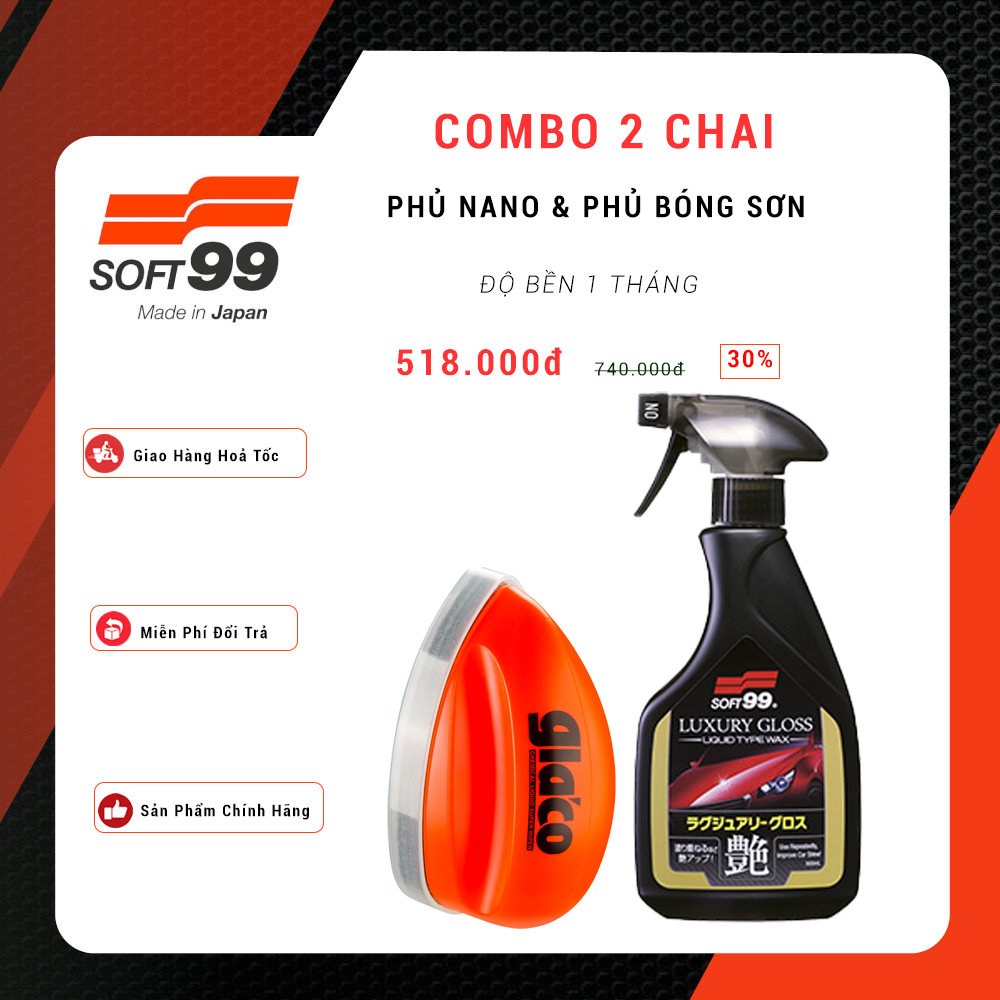 Combo Phủ Nano Kính Glaco Q G-61 &amp; Phủ Bóng Sơn Ôtô SOFT99