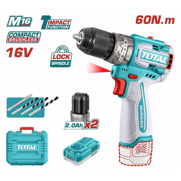 MÁY KHOAN BÚA KHÔNG CHỔI THAN DÙNG PIN 16V 60NM TOTAL TIDLI16682 - HÀNG CHÍNH HÃNG