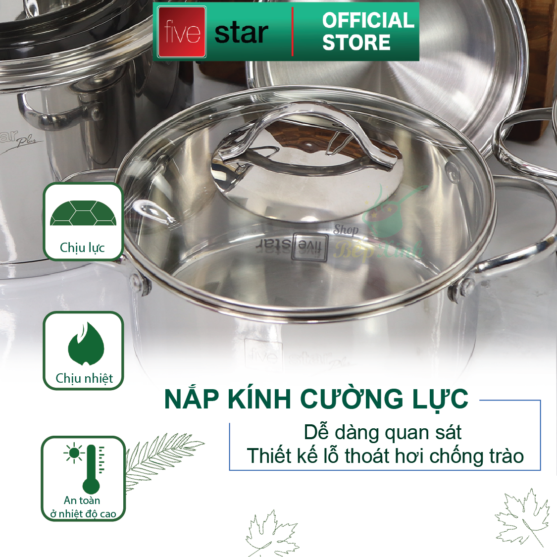 Bộ nồi inox 304 cao cấp FIVESTAR Plus quai oval kiểu Silit 5 món nắp kính