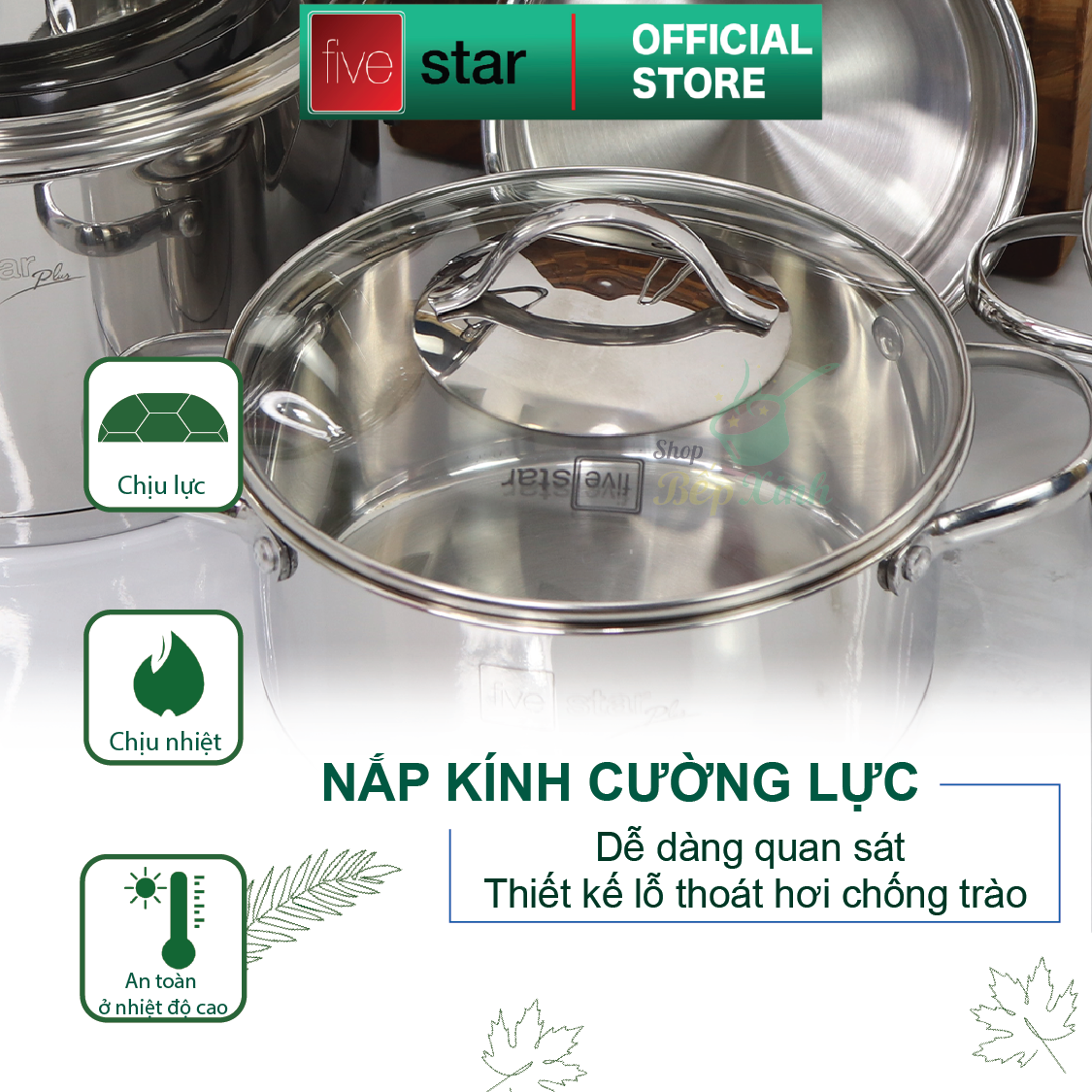 Bộ nồi inox 304 cao cấp FIVESTAR Plus quai oval kiểu Silit 5 món nắp kính ( tặng 1 vá canh )