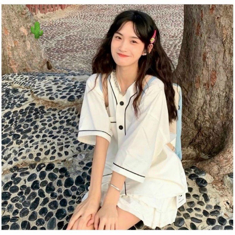 Áo sơ mi nữ tay ngắn form rộng unisex style Ulzzang Girls, áo cuban shirt, Áo Sơ Mi Tay Lỡ BUNNY Vải Kaki lụa Chéo Form Rộng Ulzzang Unisex, Áo phông cổ tim chạy viền logo thêu thỏ form rộng dài unisex kiểu Hàn Quốc