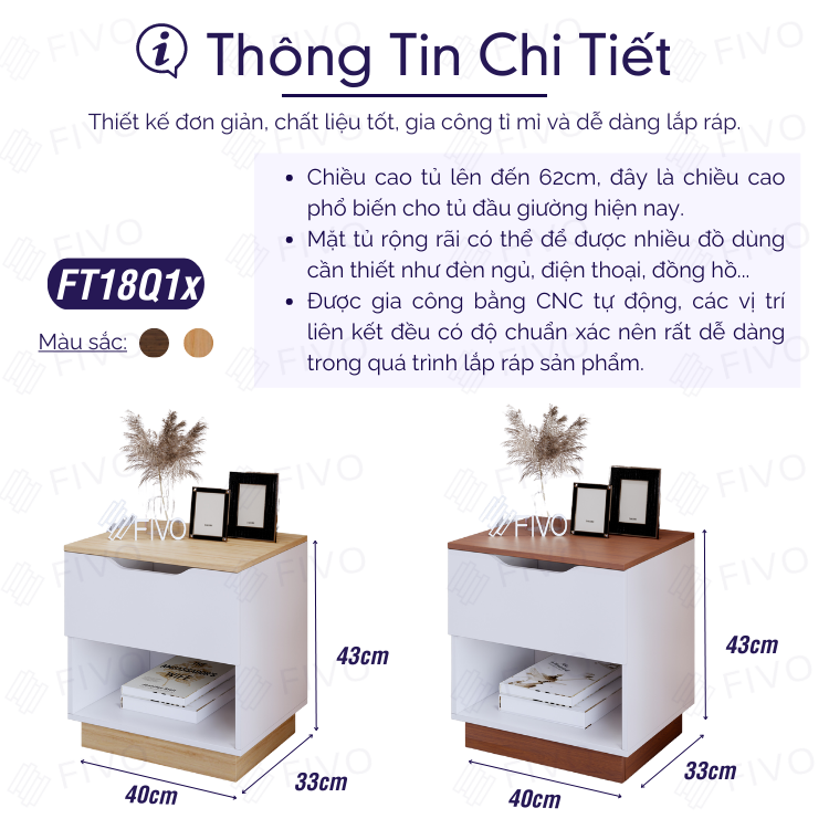 Tủ Đầu Giường Gỗ FIVO FT18 Có Ray Kéo Cao Cấp Thiết Kế Hiện Đại Phù Hợp Với Mọi Không Gian Phòng Ngủ