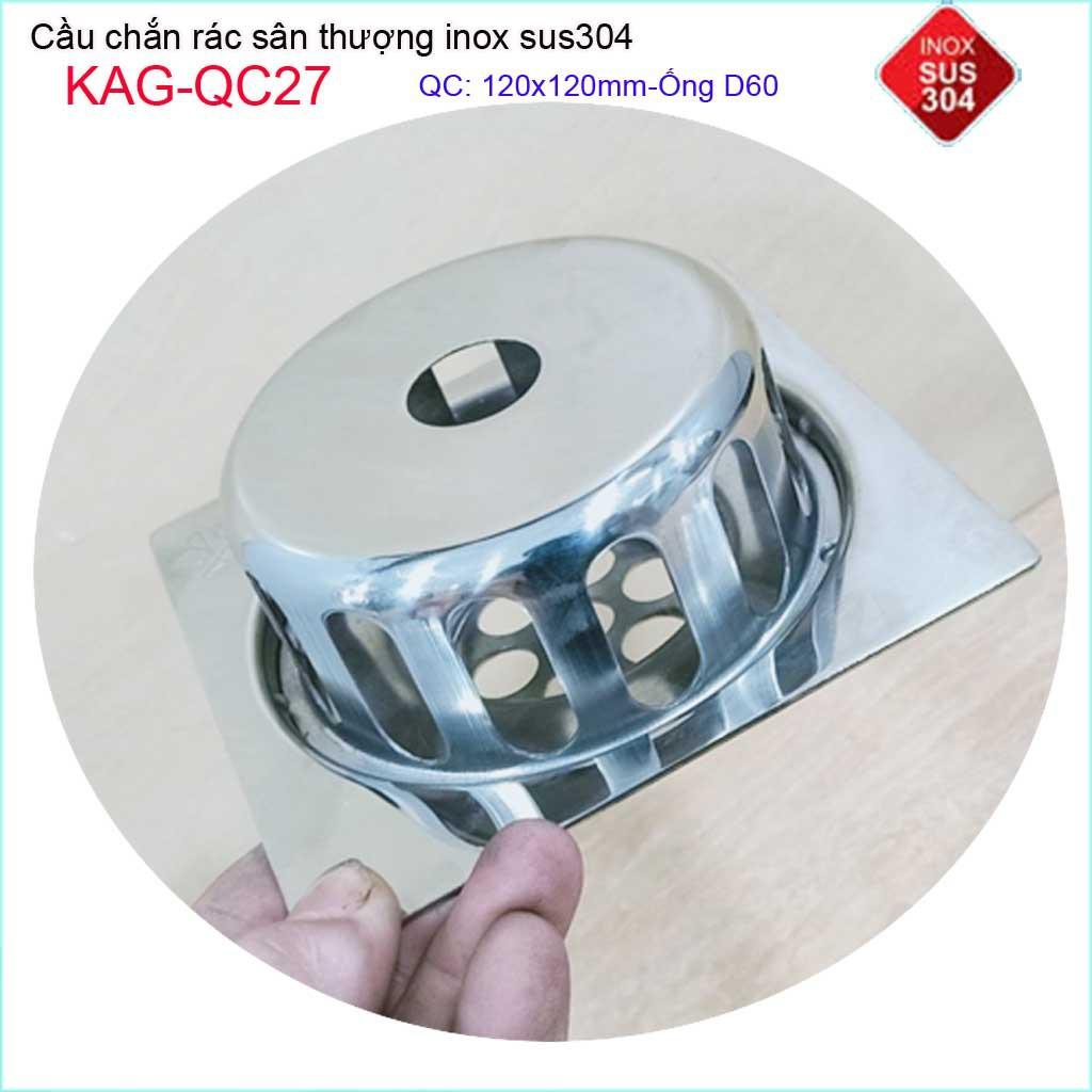 Cầu chắn rác đế vuông 12x12 D60 KAG-QC27, thoát nước sân thượng SUS304 ống 6cm thoát nhanh chắn rác tốt