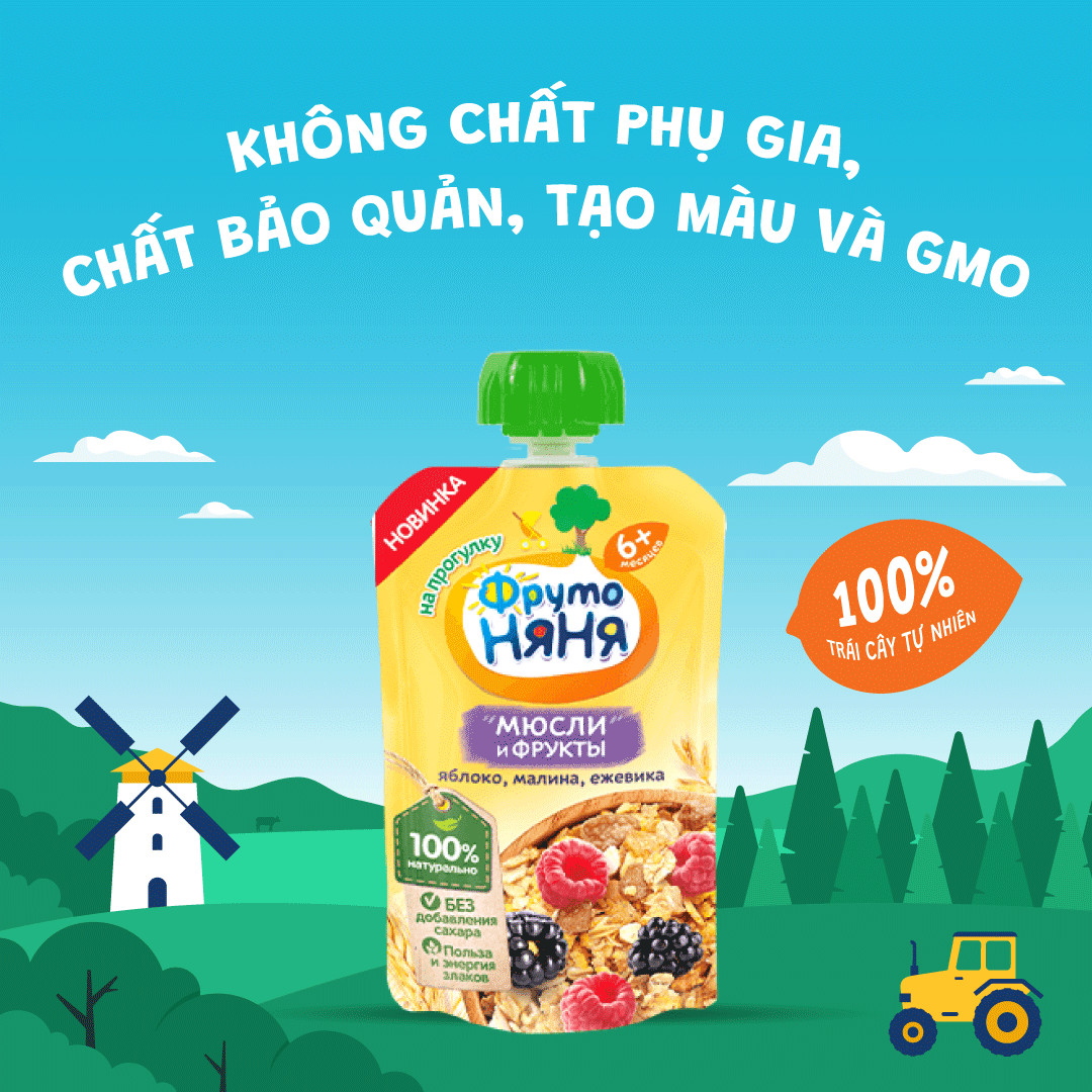 Combo 6 Gói Trái cây nghiền vị táo, mâm xôi với Muesli Fruto Nyanya 130g