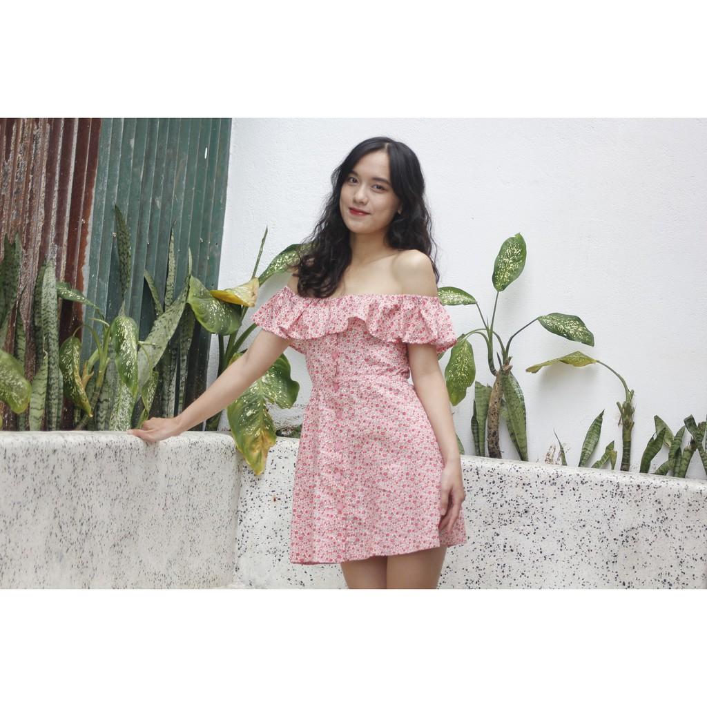 OLALASTUDIO Đầm trễ vai bèo đỏ + túi Freya Red