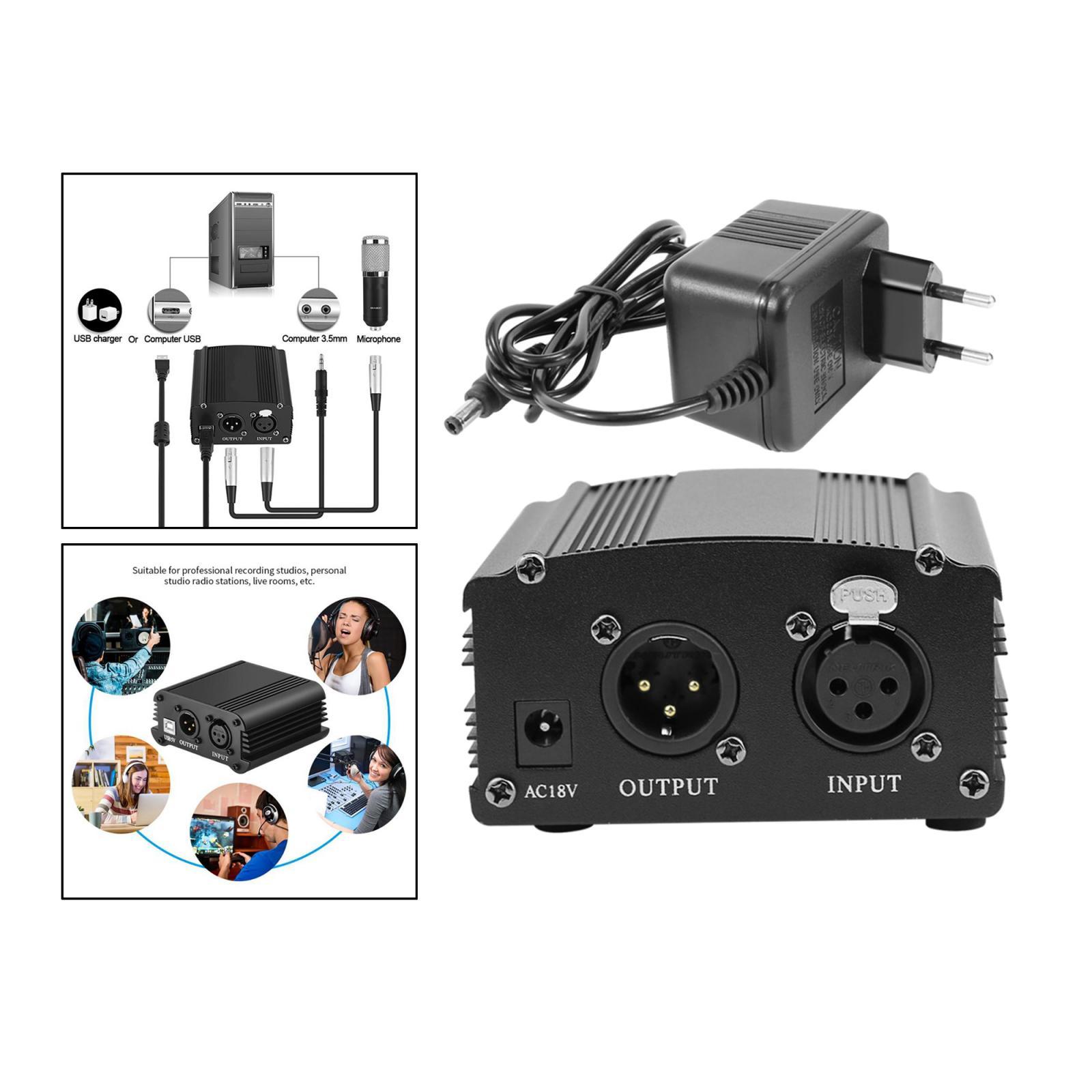 48V Phantom Power Supply with Charging Cable for Microphone Music Recording