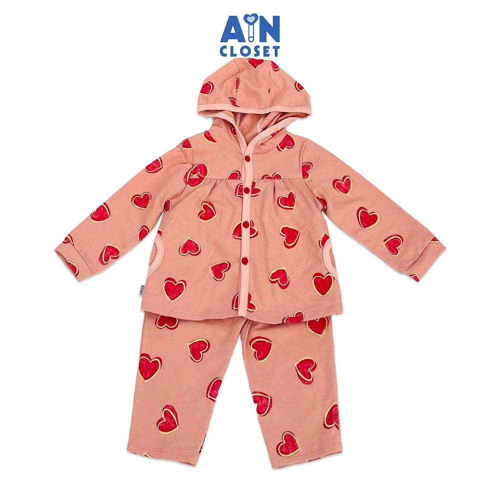 Bộ quần áo dài có nón bé gái họa tiết Tim Đỏ hồng ruốc thun da cá - AICDBGHTEKHP - AIN Closet
