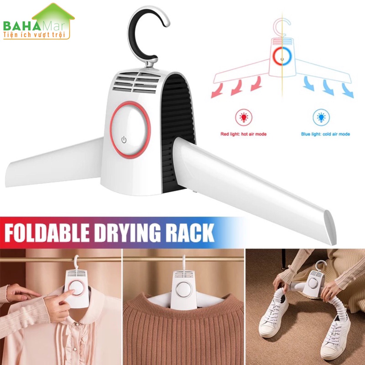 MÓC TREO DI ĐỘNG SẤY QUẦN ÁO, GIẦY CÓ THỂ GẤP GỌN - MÁY SẤY XÁCH TAY "BAHAMAR" tiện lợi mang theo đi du lich, đi công tác
