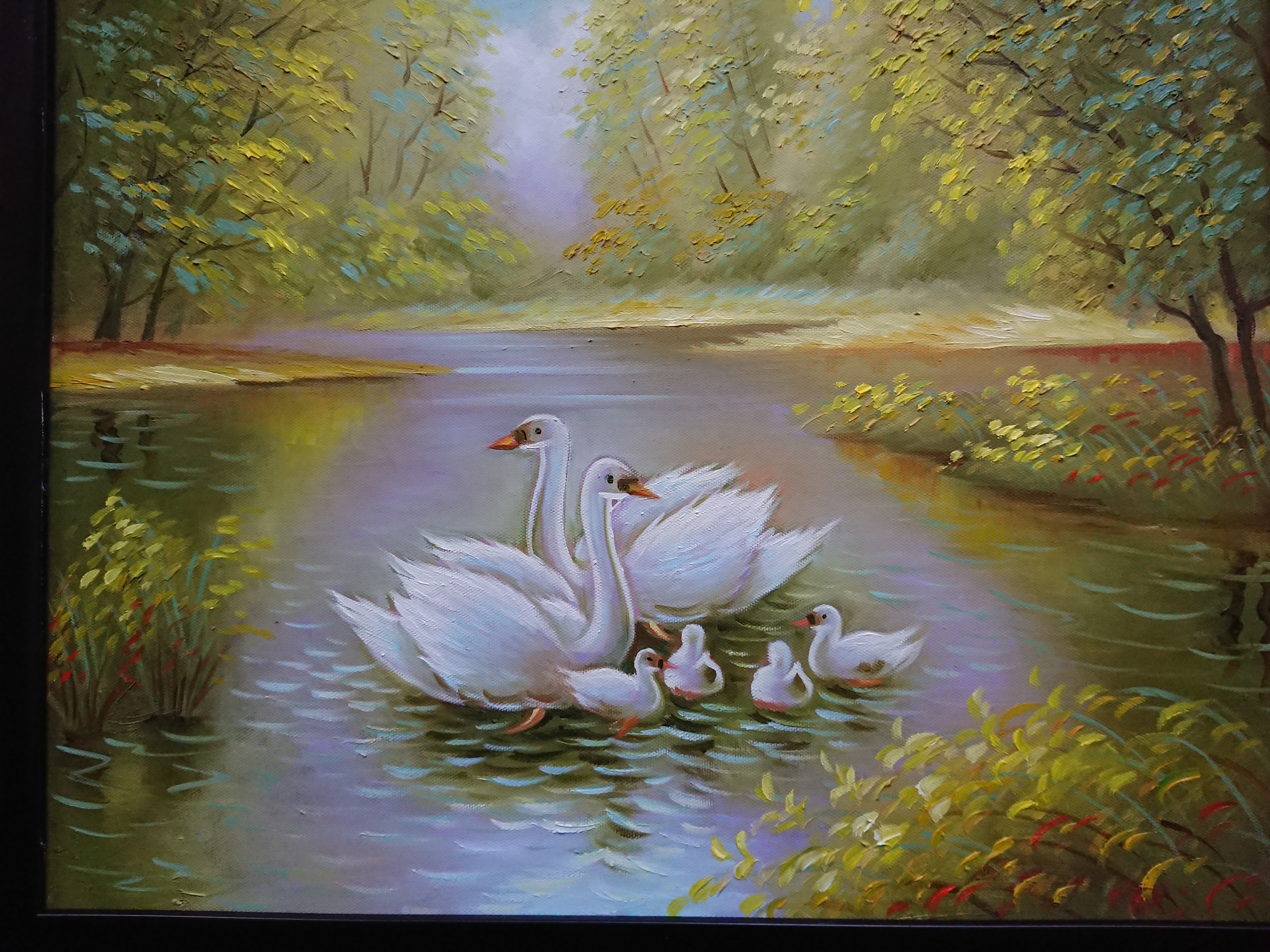 Tranh treo tường - Sơn dầu vẽ tay - Gia Đình Thiên Nga 40x50cm