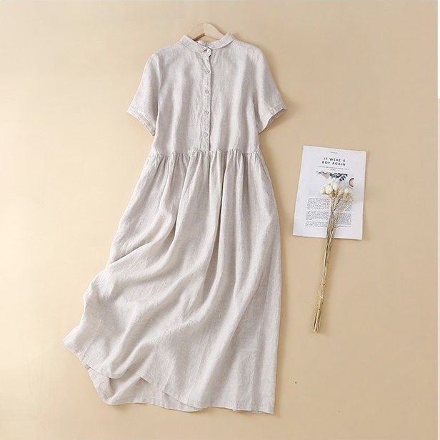Đầm Linen suông nữ cổ sen mềm mại thiết kế tay ngắn phối cúc đơn giản da158