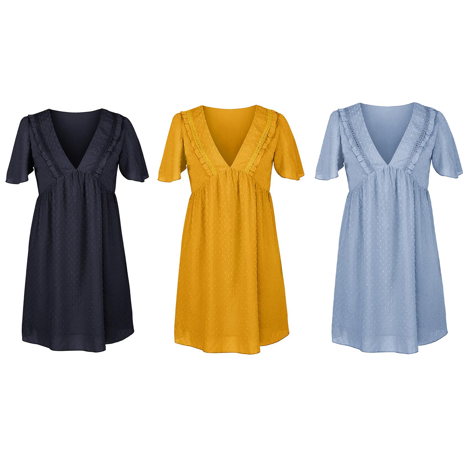 Women Summer Dress Deep V-Neck Ruffled Short Sleeve High Waist Dots Loose Fit Elegant Solid Mini Dress