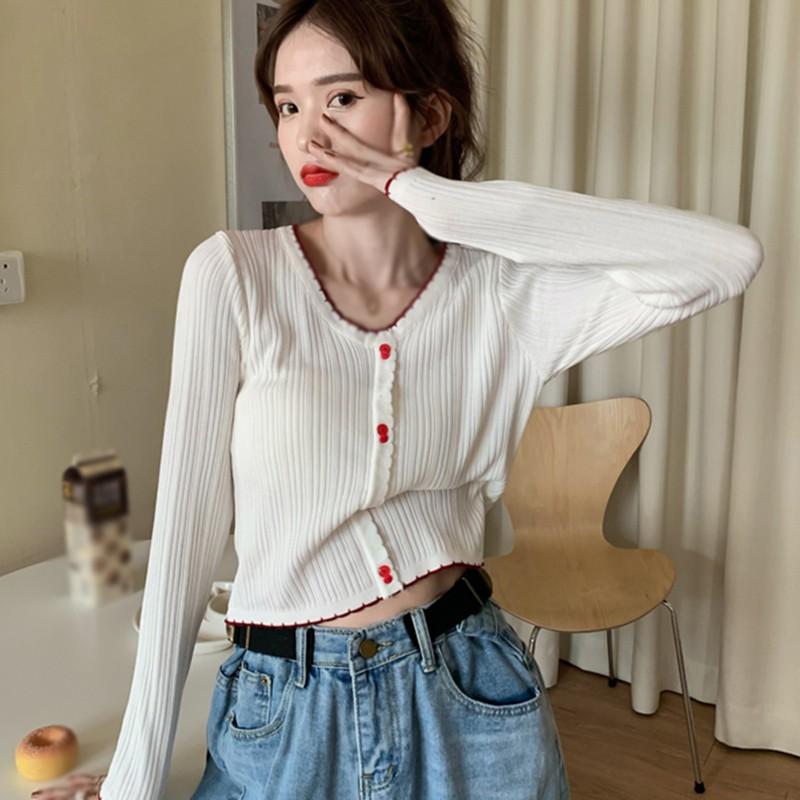 Áo Dệt Kim Tay Dài Cổ Chữ V Phong Cách Hàn Quốc
