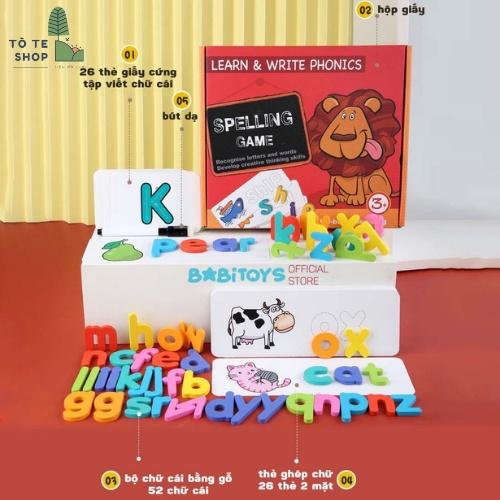 Spelling game, Trò chơi đánh vần ghép từ vựng tiếng Anh, Đồ chơi Tiếng Anh Cho bé, có các chữ cái và thẻ bằng tiếng anh