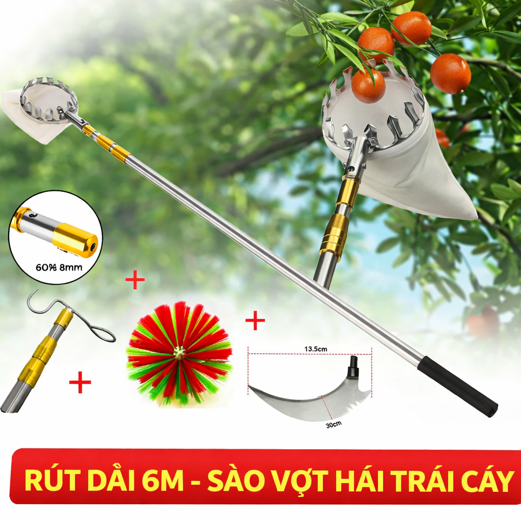 Bộ Sào Hái Trái Cây Rút Dài 6M Inox Chống Gỉ – Vợt Hái Quả Trên Cây Cao Kèm 4 Phụ Kiện