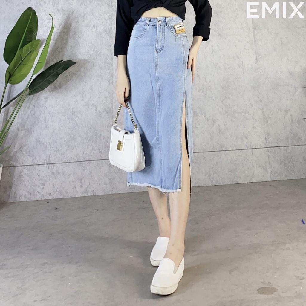Chân váy jean xẻ chân EMIX (màu xanh), dáng dài, 1 lớp, cạp cao, dài 78cm, chất jean mềm mịn đứng dáng, xẻ chân cuốn hút