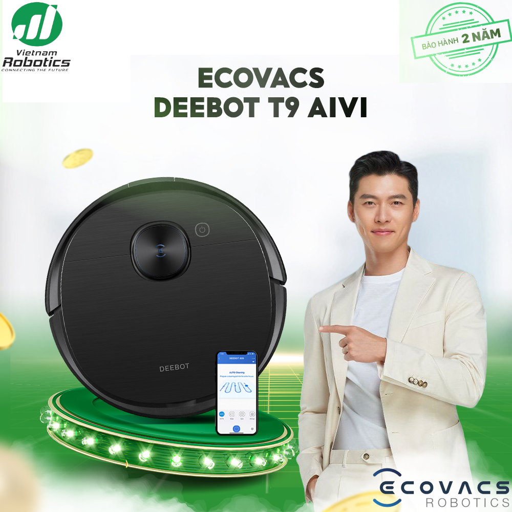 Robot hút bụi lau nhà Ecovacs Deebot T9 AIVI - hàng nhập khẩu chính hãng full VAT, bảo hành chính hãng 24 tháng bởi Vietnam Robotics, lực hút 3000Pa, thời gian hoạt động 3 giờ liên tục