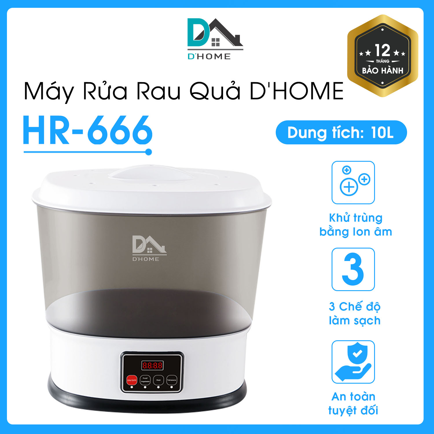 [ NEW 2021 ] Máy Rửa Rau Củ HR-666 - Khử Trùng Thực Phẩm Rau Củ Quả, Các Loại Thịt, Thủy Hải Sản Bằng Sục Ozone 10L - HÀNG CHÍNH HÃNG