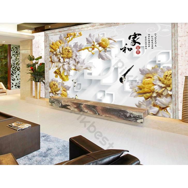 Tranh 3d phòng khách phòng ngủ hiện đại dán tường - Hoa Mẫu Đơn vàng kim
