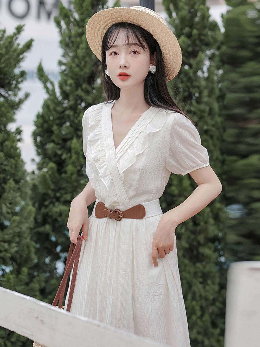 TOBE1SHOP Mùa hè ngắn tay áo v cổ đầm phụ nữ mùa hè ăn mặc 2023 Pháp hiển thị gầy eo đầm dài