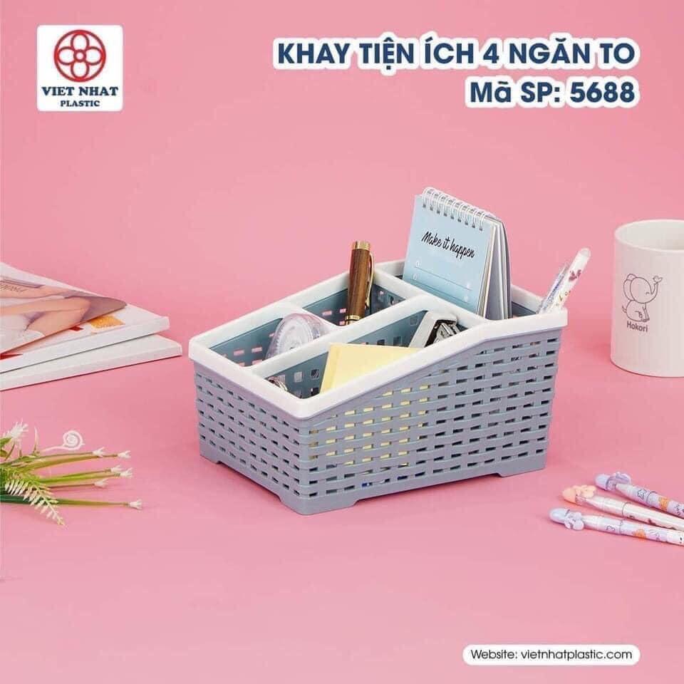 Khay tiện ích Việt Nhật loại to 5688 - khay 4 ngăn để bàn đựng bút, đồ dùng đa năng