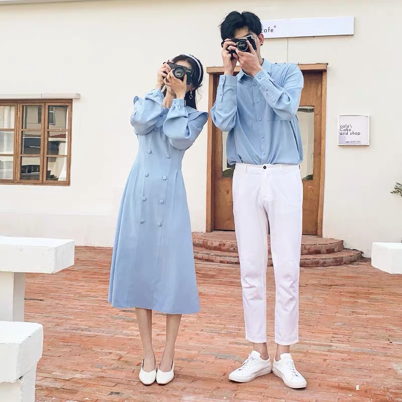 Set váy áo đôi sơ mi màu xanh quyến rũ