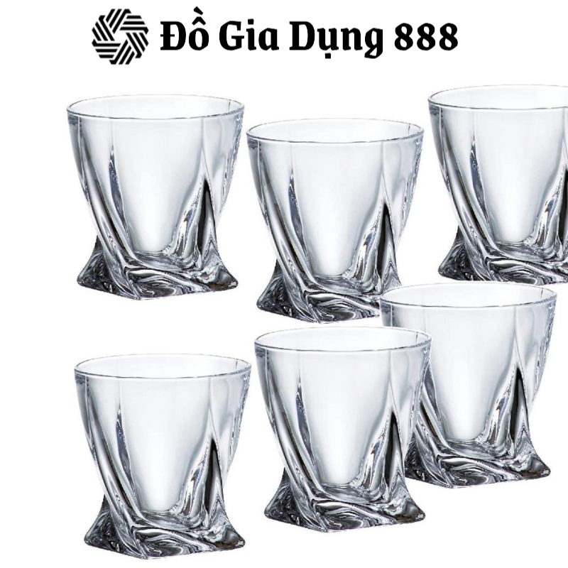 Bộ 6 Cốc Bohemia Quadro Whisky 340ml, Bộ Cốc Pha Lê Đẹp Trang Trí Bàn Tiệc, Nhập Đức