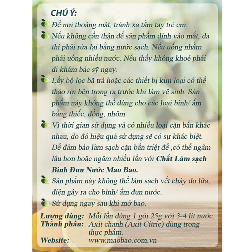 Combo 5 Túi Chất Làm Sạch Bình Đun Nước Mao Bao 25g