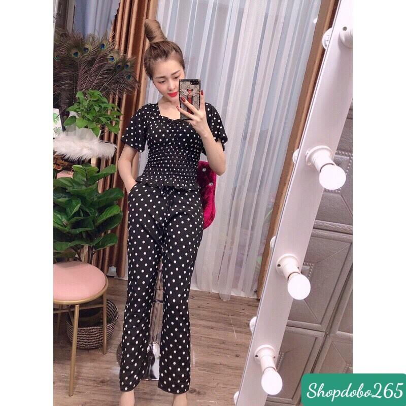 Đồ bộ nữ mặc nhà vải lụa chấm bi tay loe dây rút size 40-57kg.