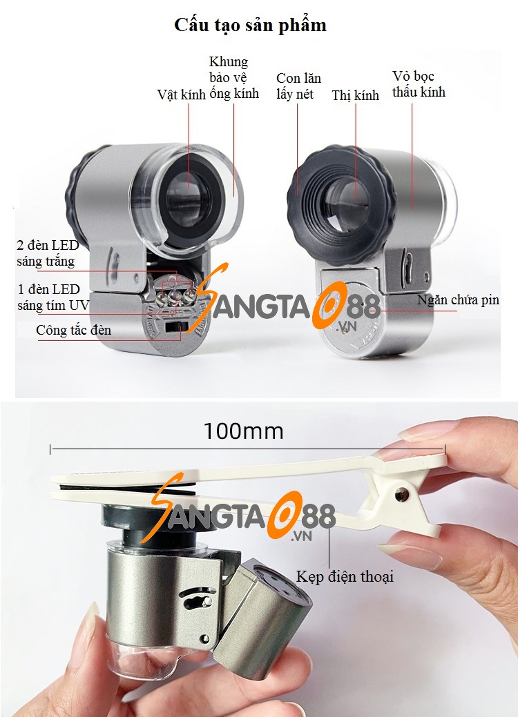 Kính lúp 65x hỗ trợ soi mẫu vật kẹp điện thoại thông minh cao cấp