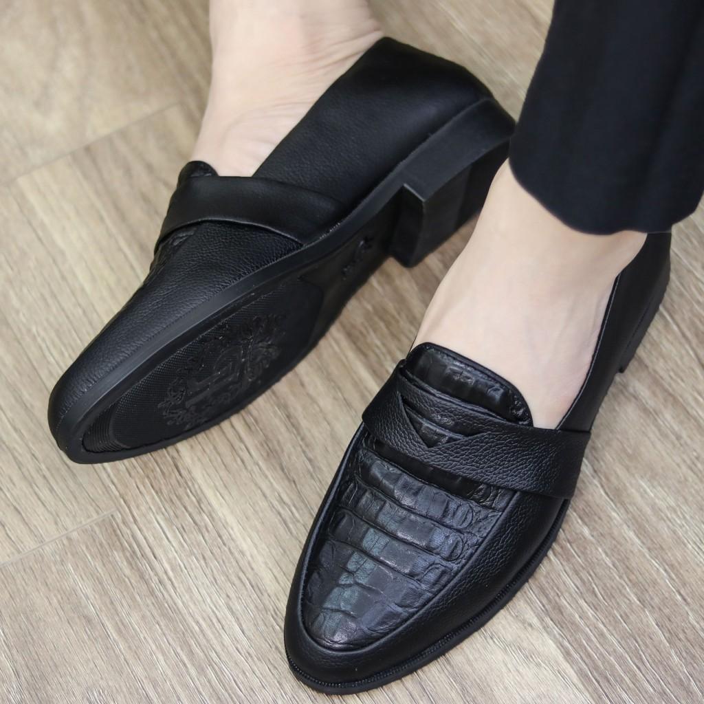 Giày Lười Nam X091 Màu Đen Lì, Vân Cá Sấu