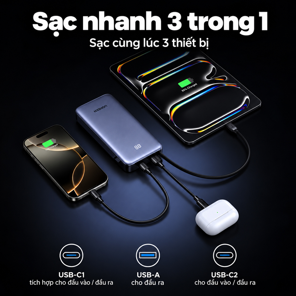 Sạc dự phòng Ugreen Nexode Power Bank Built-In Cable 1USB 1Type-C 55W 20000mAh PB537 95178B - Hàng chính hãng
