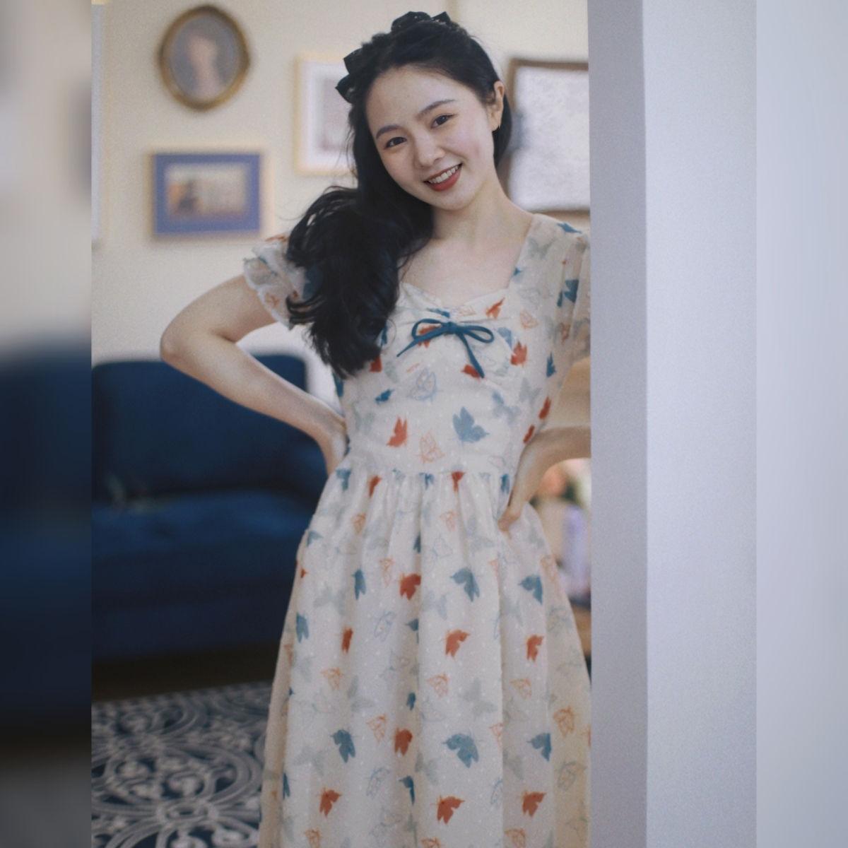 DIYIWEI Mùa hè 2023 Phong cách Pháp Vintage tươi in ngọt ngào váy màu tím mỏng mỏng váy che thịt