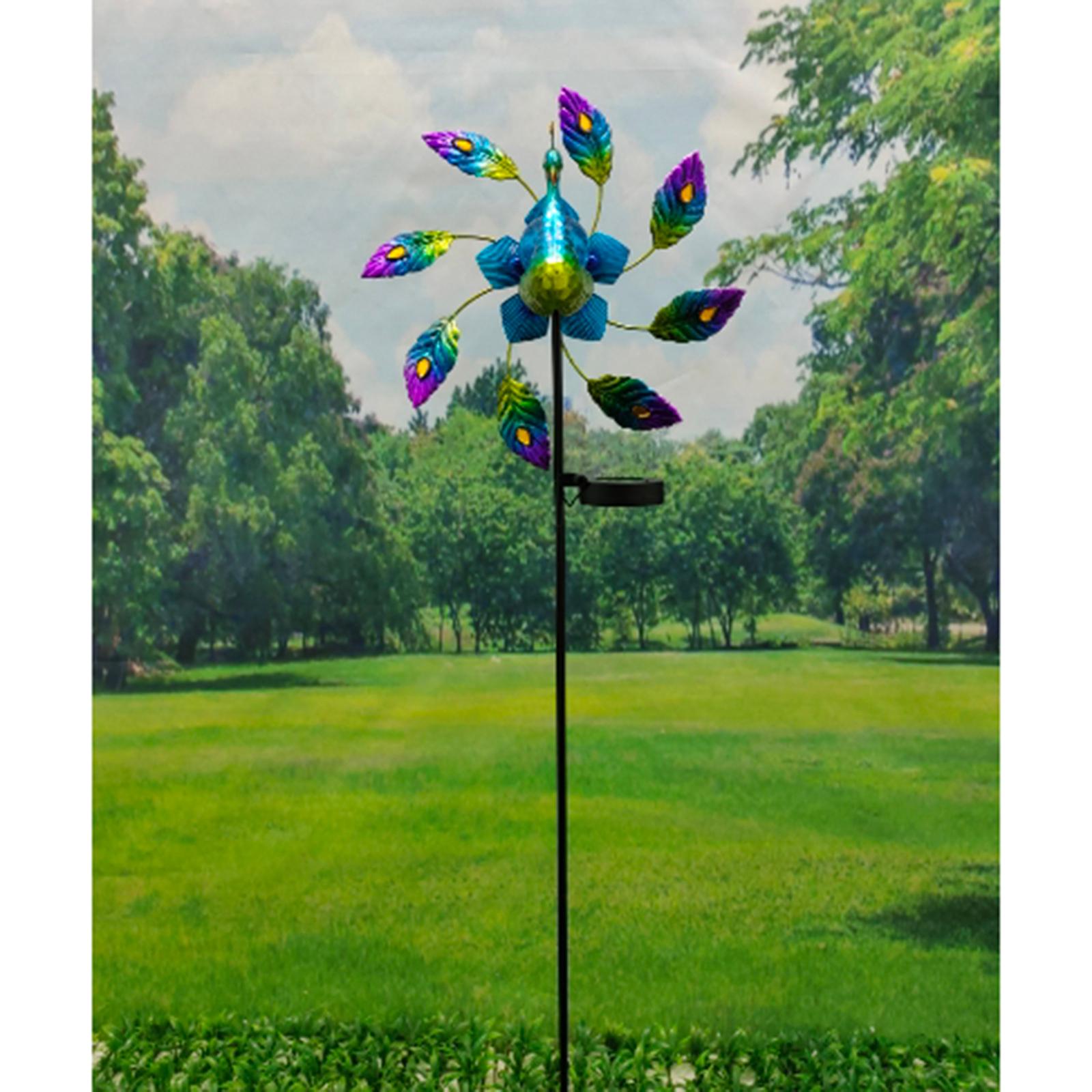 Solar Wind Spinner LED Light Peacock Sculpture WindMill Outdoor Garden Stake