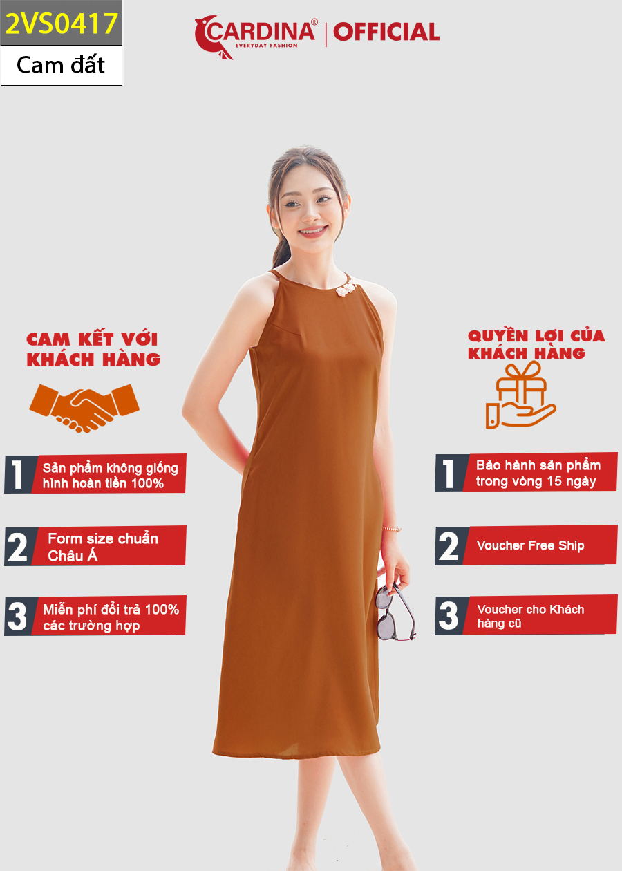Đầm Nữ CARDINA Chất Lụa Satin Nhật Cao Cấp Cổ Yếm Đính Hoa Dáng Suông Quyến Rũ 2VS04