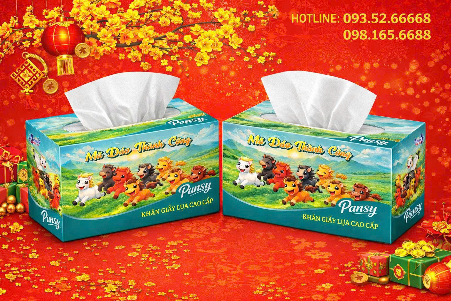 COMBO 5 HỘP KHĂN RÚT PANSY TẾT "MÃ ĐÁO THÀNH CÔNG" CAO CẤP