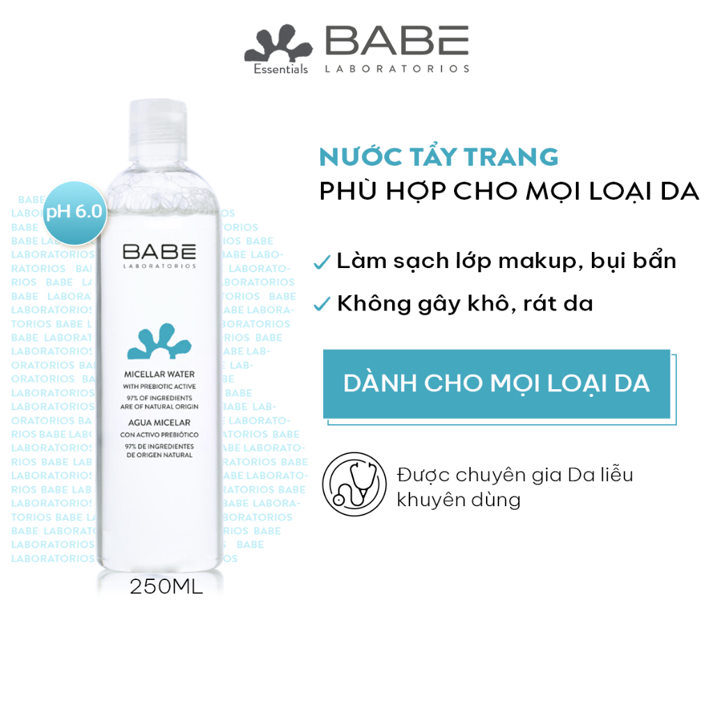 Nước tẩy trang làm sạch cho da nhạy cảm Babe Essentials Prebiotic Micellar Water 250ml