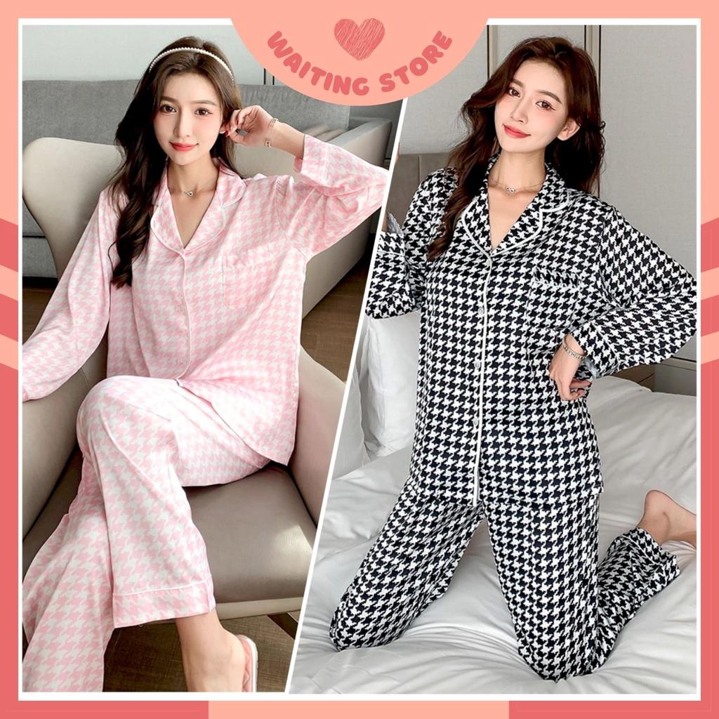 Đồ Bộ Nữ - Bộ Lụa Dài Tay Cao Cấp Mặc Nhà Màu Hồng và Đen Caro Hoạ Tiết Xuân Hoà DDLP22