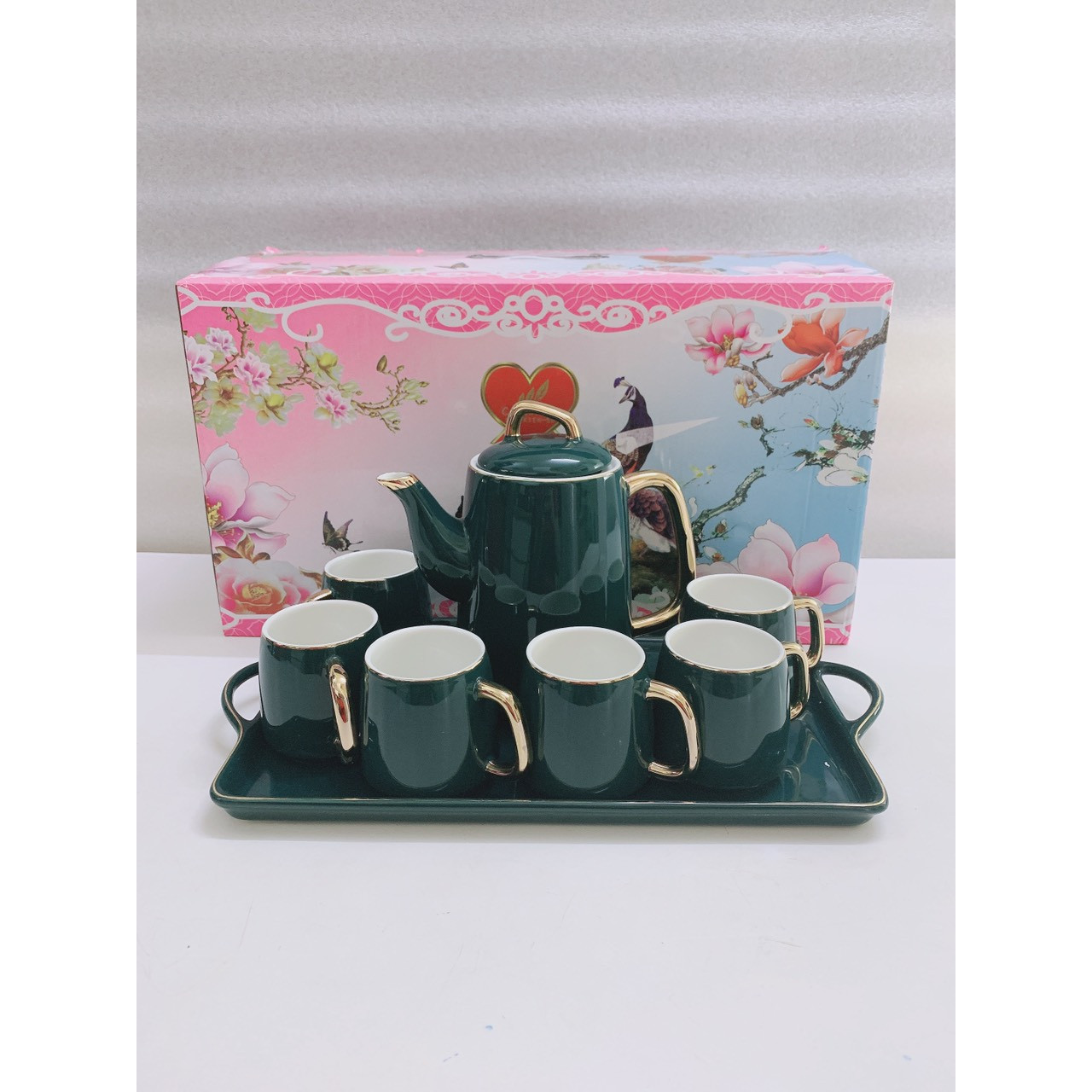 BỘ BÌNH TRÀ CÀ PHÊ KÈM KHAY SỨ CAMELIA MÀU XANH CỔ VỊT VIỀN VÀNG CAO CẤP - ANTH411