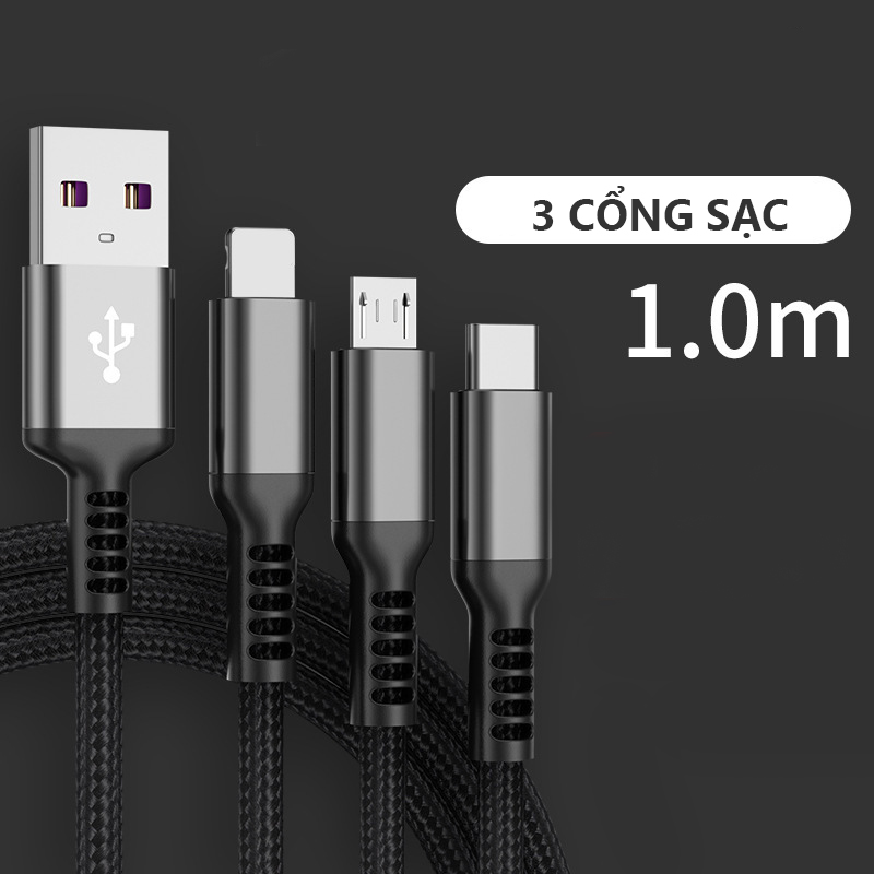 Dây Cáp Sạc Nhanh 3 Đầu 66W - Extreme Ds5101 Cáp Sạc 3 Cổng 6A Type C Android, Light.ning Ip Dây Sạc Chống Đứt - Hàng Chính Hãng - Màu Đen