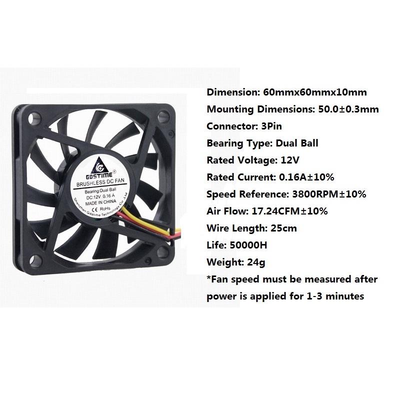 1 Piece Gdstime 3Pin FG Dual Ball 60mm x 1mm DC 11V 3-wire Brushless Cooling Fan 60x60x1mm 6cm 601