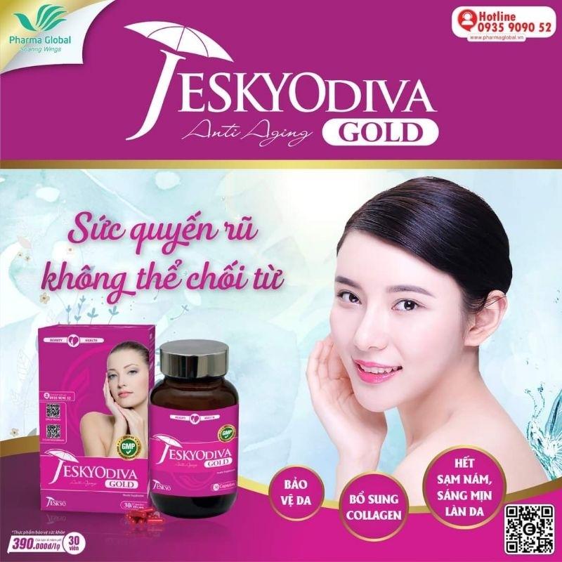 VIÊN UỐNG  ĐẸP DA JESKYODIVA GOLD - Hộp 60 viên. Ngăn ngừa lão hóa, sáng mịnh làn da, giảm nhăn + nám làm da sáng đẹp